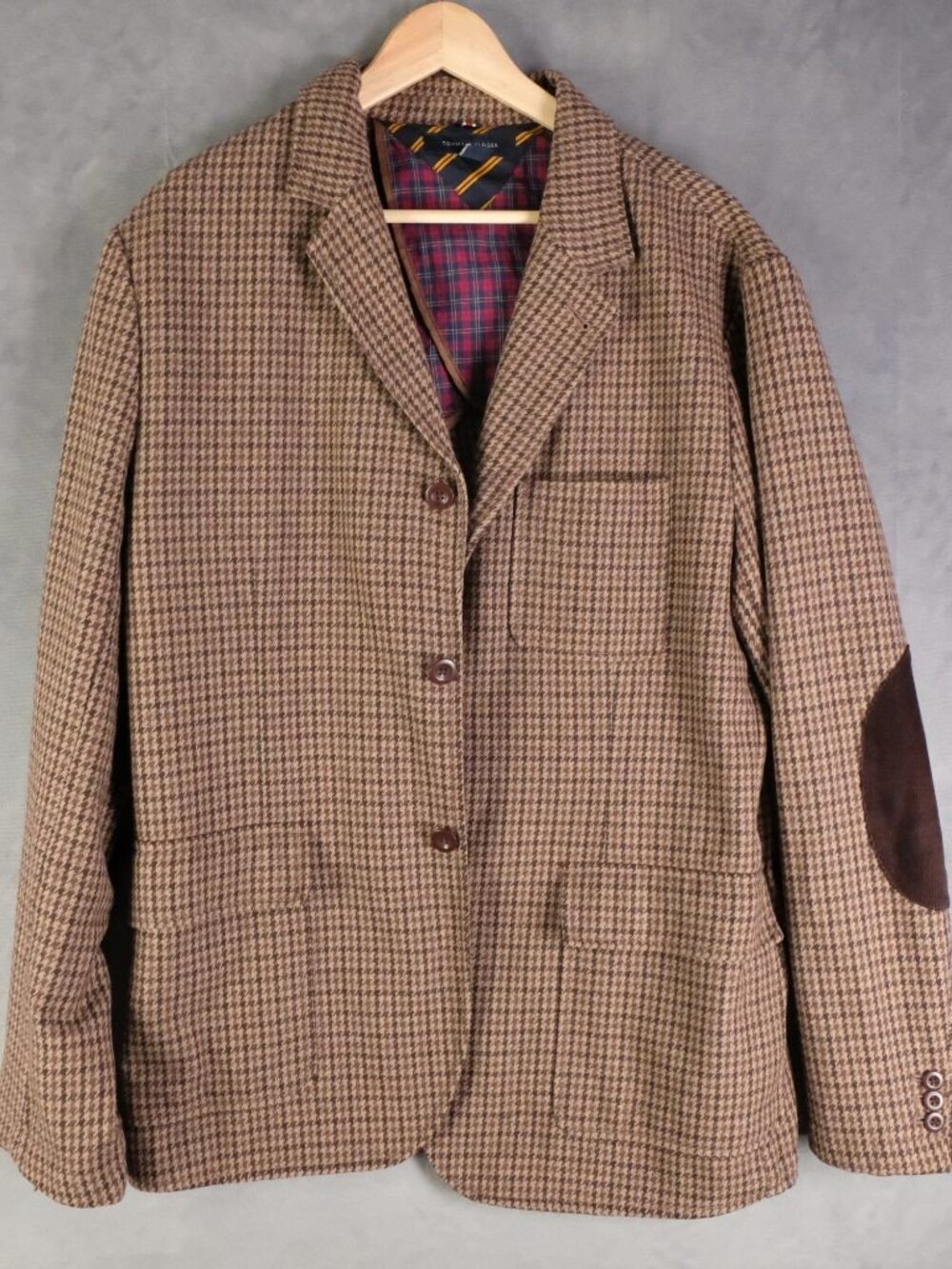 Tommy Hilfiger Jacket Mens XL Tan Houndstooth Wool Sport Coat Academic